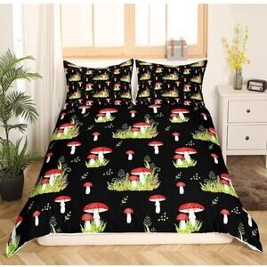 Kawaii Fungus Duvet Cover Cute Mushroom Leaf Bedding Set Black Multi Size Twin